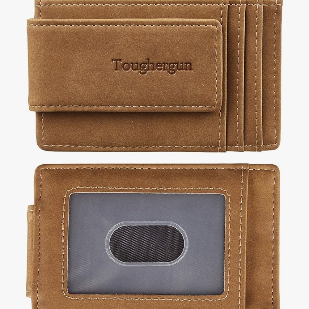 Toughergun Slim Minimalist Leather Wallet w/ Magnetic Money Clip in Tan